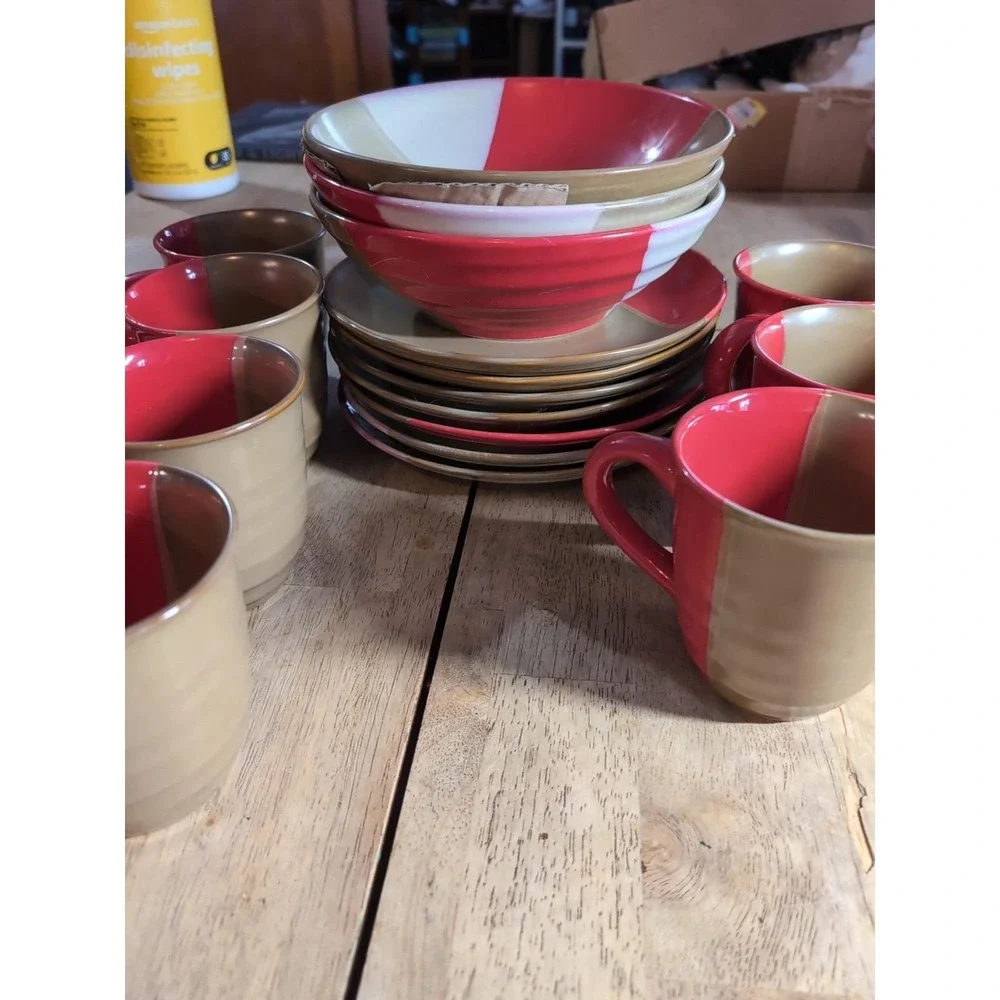 Lot Of 17 Sango‎ Set Dishes Coffee Cups Bowls Plates Gold dust Red 5042 NU